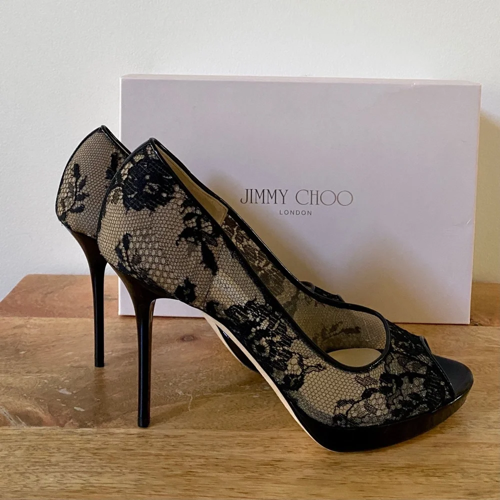 Jimmy Choo Black Luna Lace Platform Pumps Size  US9 NEW